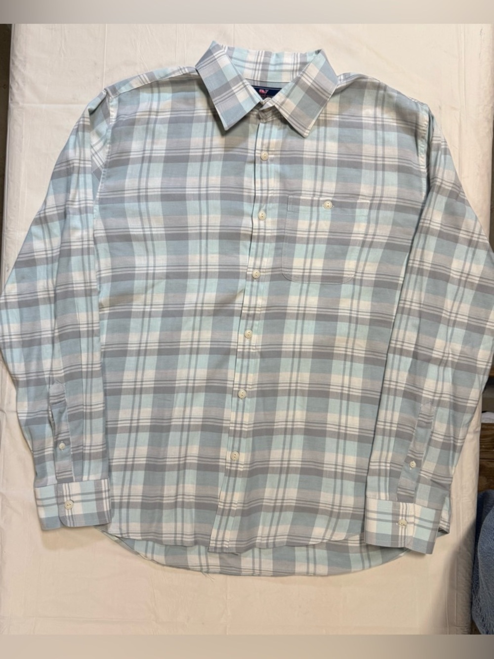 Vineyard Vines Slim Longshore Shirt Plaid Blue Large Cotton Linen